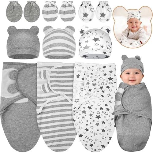 Flasoo 3 Pack Preemie Swaddle with Hat & Mittens Set, Adjustable Cotton Swaddle for Preemie Baby, Preemies Swaddles 4-7 Lbs for Baby Boy Girl, Baby Sleep Sack for Newborn Essentials (Classic Style)