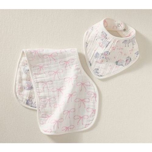 Organic Unicorn Bows Reversible Muslin Bib / Burp Set , Multi