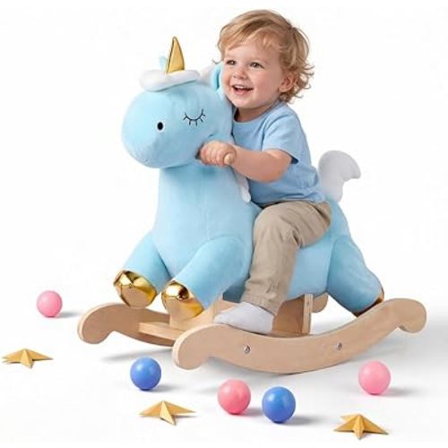 Plush Rocking Animal Toy for Toddlers 18 Months+, Soft Ride-On Rocker with Wooden Base, Rocking Horse, Safe Easy-Grip Handles, Nursery Playroom Kids Gift