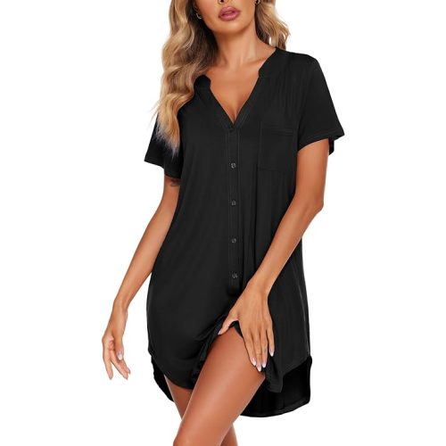 Ekouaer Women V Neck Button Down Nightgown