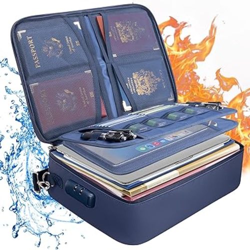 BALEINE Fireproof Document Box with Lock, Portable Fireproof Document Bag Waterproof Fire Proof File Boxes for Documents, File Organizer Box for Important Paperwork (Blue, 15''x11''x4'')