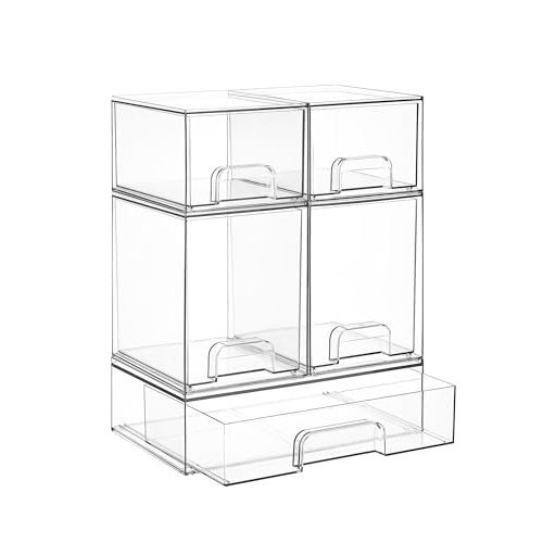 Vtopmart Stackable Storage Drawers Set of 5, Clear Plastic Organizer Bins for Baby Bottle, Beauty Supplies Storage, Ideal for Kichen Countertop, Vanity, Bathroom, Cabinet, Pantry Organization