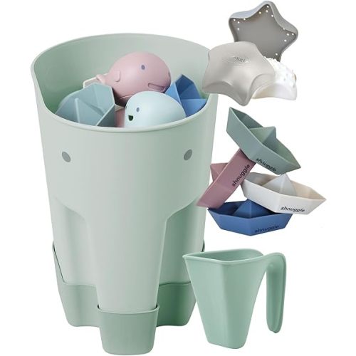Shnuggle Bath Accessories Bundle - Ellie Bath Toy Scoop, Washy Rinse Jug, Stack n Sail Bath Boats, & Wishy Sensory Bath Toy for Babies & Toddlers - 4-Piece Set, Eucalyptus