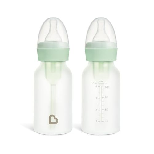 Munchkin Bond Glass Baby Bottles, Anti Colic Baby Bottles for Newborns, 4 oz Silicone Coated BPA Free Slow Flow Bottles for Breastfed Babies, Infant Feeding Bottle Set, 2 Pack, Mint/Green