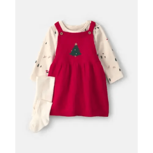 Baby Girl 3-Piece Christmas Tree Long-Sleeve Sweater Dress Set - Red/Cream | Carter's