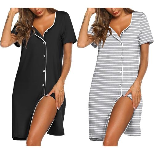 Ekouaer Nightgowns for Women 2 Pack Button Down Sleepshirt Short Sleeve Nightshirt Soft Sleepwear V Neck Pajama Dress Black/Grey Stripe L