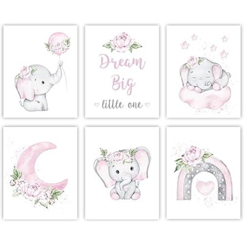 Canssape Pink Elephant Nursery Wall Decor Set of 6 Baby Girl Room Decor Elephant Wall Art Goodnight On Moon |Dream Big Little One Decoration for Kids Nursery Girls Room|(8"x10")(Unframed)