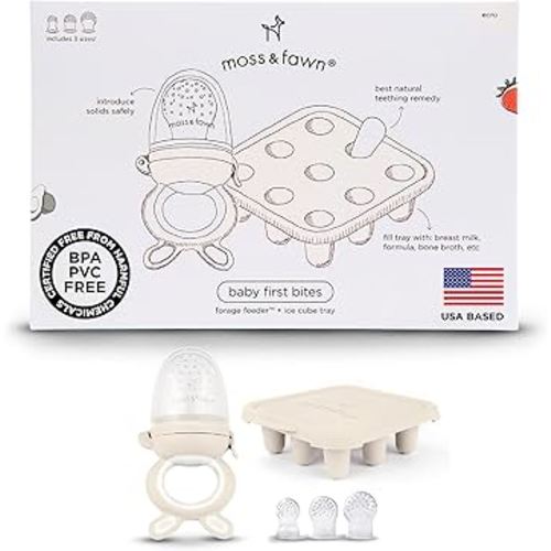 Moss and Fawn Baby's First Bites Bundle - Silicone Frozen Breast Milk Popsicle Kit with Forage Feeder & Teething Popsicle Ice Cube Tray - BPA, PVC, & Lead-Free - Ecru