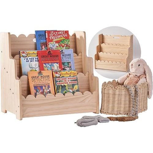 Kids Bookshelf Storage 3-Tier Scalloped Wooden Book Case for Kids Rooms, MontessoriBookshelf for Toddlers & Baby, Solid Wood Organizer for Small Nursery & Classroom