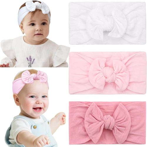 JOYOYO 3 Colors Soft Wide Turban Baby Headbands with 4.5 inches Hair Bow Headbands for Baby Girls Infants Newborn Hair Accessories Toddlers Kids and Children(White Pink Pink)