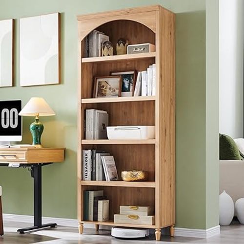 76" Tall Arched Bookcase, Farmhouse 5 Tiers Large Arched Bookshelf Cabinet with Adjustable Shelves, Modern Wooden Book Shelf w/Storage and Open Display Shelves for Living Room, Office-Natural