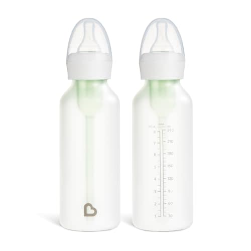 Munchkin Bond Silicone Coated Glass Baby Bottles - Anti-Colic Feeding System with Natural Feel Nipples, 8 Ounce, 2 Pack, White