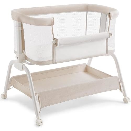 HARPPA Cuddly Lite Bassinet, 2 in 1 Baby Bassinet with Breathable Mesh and Mattress, 6 Height Adjustable, Bedside Sleeper with Anchor Strap, Storage Basket and Wheels, Sand Cream