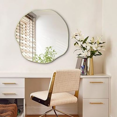 POZINO Asymmetrical Mirror, 25" Irregular Wall Mirrors, Modern Scalloped Round Mirror, Gold Waved Decorative Rounded Mirrors for Bathroom Living Room Bedroom Entryway Fireplace