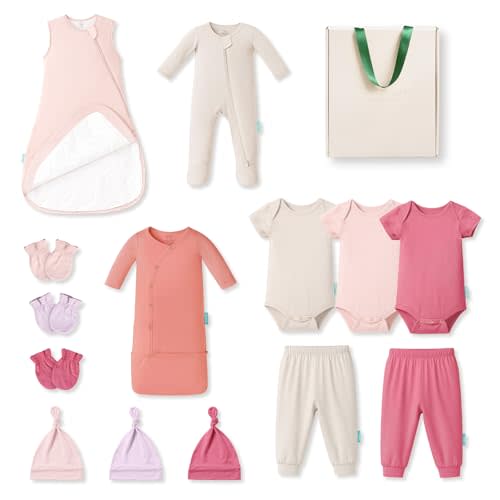 PurComfy Bamboo Newborn Clothes Gift Set: 14-Piece Layette with Sleep Sack, Baby Girl Essentials — Bamboo Lover Set