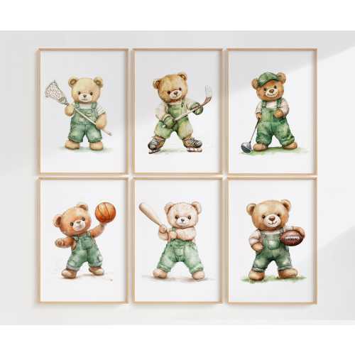 Teddy Bear Sports Watercolor Prints: Nursery Decor (Digital Download)