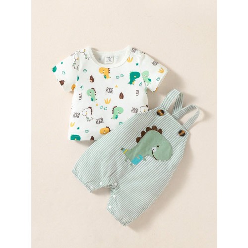 Baby Boy Cartoon Dinosaur Print Tee & Striped Overall Romper