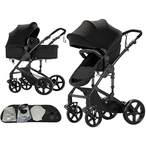 2 in 1 Baby Stroller, One Click Folding Convertible Newborn Infant parm, Reclining Buggy That can be Pushed Forward and Backward, New Born Pushchair 0-36 Month (2US588-BLACK)