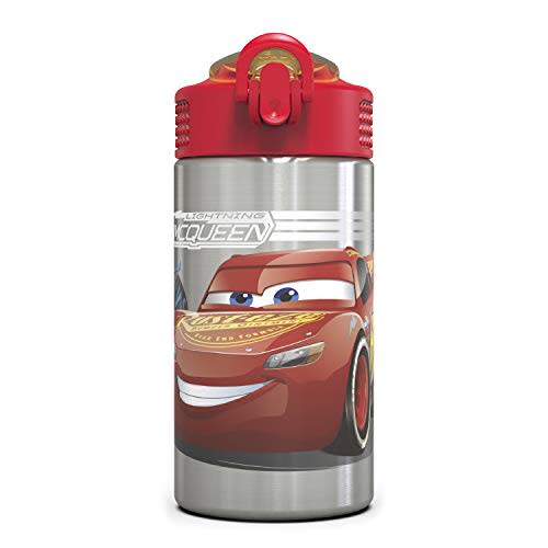 Zak Designs Disney Cars 3 - Stainless Steel Water Bottle with One Hand Operation Action Lid and Built-in Carrying Loop, Kids Water Bottle with Straw Spout is Perfect for Kids (15.5 oz, 18/8)