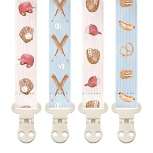 Stadela Baby Fabric Pacifier Clip Holder, Plastic Clip, 4‑Pack, Sport Pattern, Baseball Set