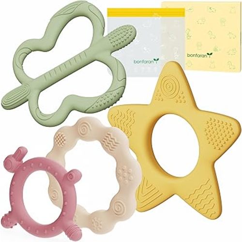 4 Pack Baby Teether Set with Freezer-Safe Storage Bag – 4 Softness Levels & Multi-Textured Silicone Teething Toys for Babies 0-18 Months, Food-Grade Teething Rings for Every Stage