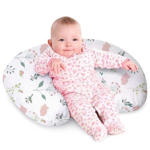 Little Grape Land Nursing Pillow, Soft 100% Cotton Breastfeeding Pillow with Breathable Muslin Cotton Removable Cover, Pink Bunny Breast Feeding Pillows for Babies 0-12 Months with Protective Zipper