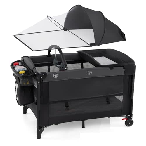 BABY JOY 5-in-1 Pack and Play with Canopy, 4 Adjustable Heights Baby Bedside Sleeper w/Bassinet, U-Shaped Diaper Changer, Safety Strap, Side Zipper, Portable Bedside Playard from Newborn to Toddlers