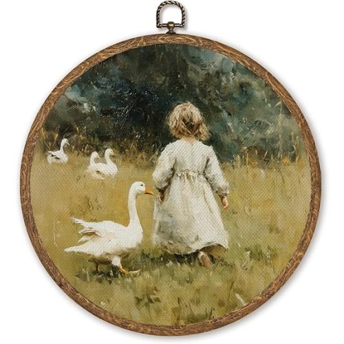 Vintage Pastoral Wall Art Decor, Cottagecore Girl and Geese Round Hanging Artwork, Rustic Farm Landscape Canvas Prints for Living Room Bedroom Nursery, 10 Inch Round Wall Hanging Decor(Green-Goose and girl)
