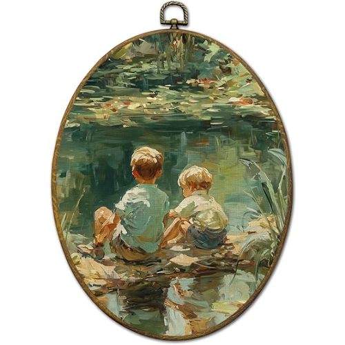 QZQE Vintage Rustic Farmhouse Oval Wall Art Decor Framed, Cottagecore Oval Canvas Prints, Country Boys by the Lakeside Landscape Wall Hanging Decor for Home Bedroom Boy Nursery Room, 8.6x11.4 Inch