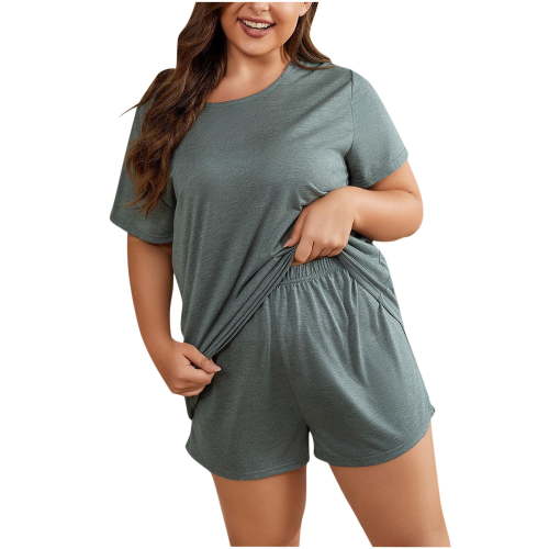 AherBiu 2 Piece Short Pajamas Sets for Women Plus Size Short Sleeve Tops Shorts Lounge Set Comfy Sleepwear