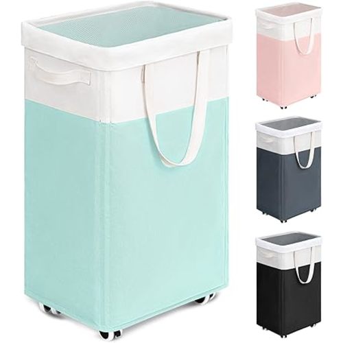 Goodpick Laundry Basket with Wheels, 75L Laundry Hamper with Wheels, Large Laundry Basket with Removable Wash Bag, Clothes Hamper for Laundry, Blue&White