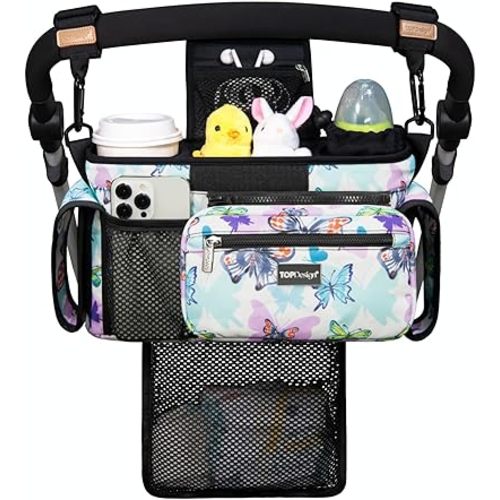 TOPDesign Universal Baby Stroller Organizer, Stroller Caddy with Detachable Mesh Bag & Heightened Insulated Cup Holders & Non-Slip Secure Hooks Accessories, Fits Most Strollers (Butterfly)