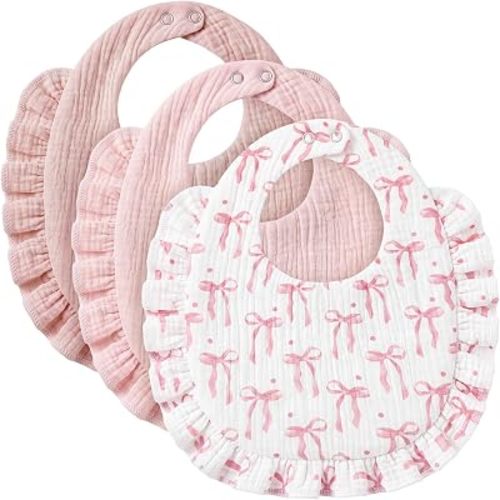 Mindsoft 3-pack Muslin Baby Bibs for Girls, 100% Soft Cotton, Pink Bow