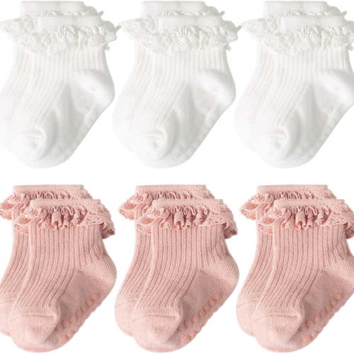 TELOLY Baby Girl Toddlers Socks with Non-Slip Grip Cute Frilly Ruffle Ankle Soft Cotton Newborn Baby Socks for Infant Kids Baby Socks with Grips