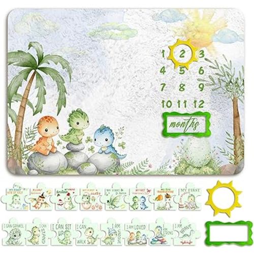 Dinosaur Baby Monthly Milestone Blanket, 1-12 Monthly Baby Milestone, Dinosaur Newborn Photography Background Decor, Newborn Photography Props Double-Sided