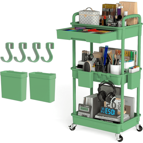 LLMRR 3 Tier Rolling Utility Cart with Drawer, Cart with Drawer & Handle, Bathroom Cart Organizer, Rolling Storage Cart with Drawer, Rolling Cart with Lockable Wheels for Kitchen, Office, Green