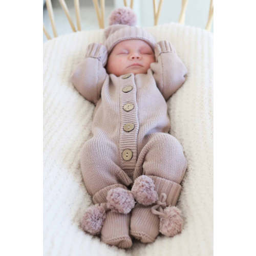 Knit Pom Pom Baby Booties in Iris | Caden Lane