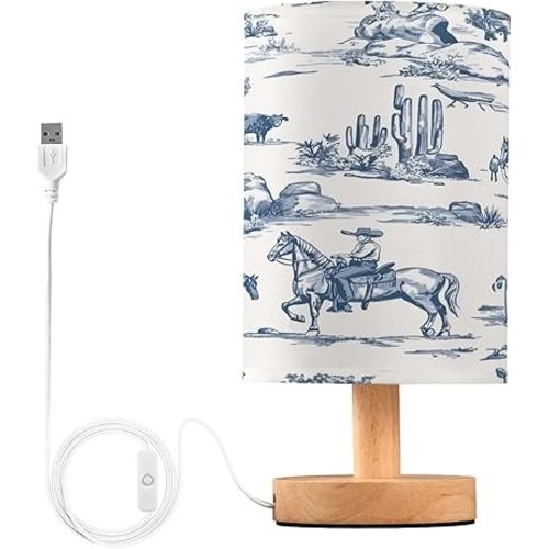 ALAZA Bedside Table Lamp Western Cowboy Equestrian Horse Blue Lamp for Girls Boys Bedroom with USB Port LED Kids Nightstand Lamp Wood Base Desk Living Room Decor