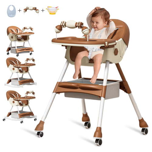 5-in-1 Highchair for Baby and Toddlers with Removable Tray, Wheels & Safety Belt, Brown