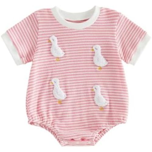 Newborn Baby Girl Outfit Goose Embroidery Stripe Long Sleeve Waffle Knit Bubble Romper Infant Bodysuit Summer Clothes
