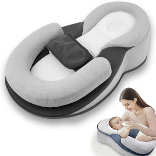 Vzittni Baby Lounger Pillow with Safety Straps Ergonomic Support Cushion Reflux Breastfeeding Pillow, Adjustable, Removable Cover, Feeding Support