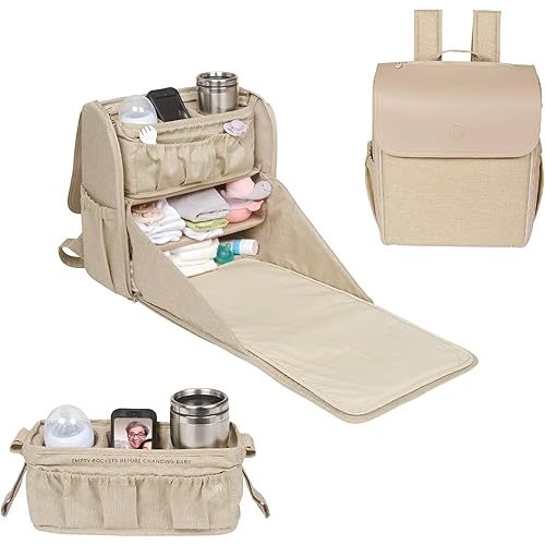 Diaper Bag Backpack Convertible - 800D Reinforced Stitching -Full Open Cabinet and Padded Changing Station, Removable Caddy with Two Drink Holders and Angled Cell Phone Storage for Viewing, Black