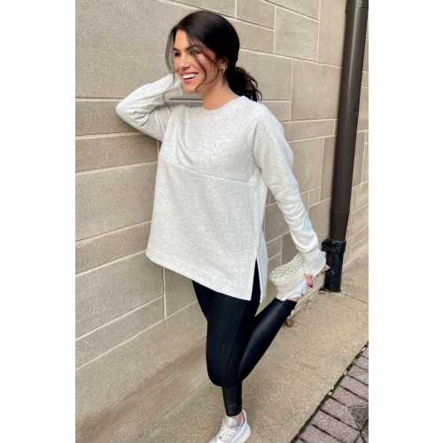 Nursing Sweatshirt, Cotton Blend Breastfeeding Tunic with Zipper - Light Gray (Size M)