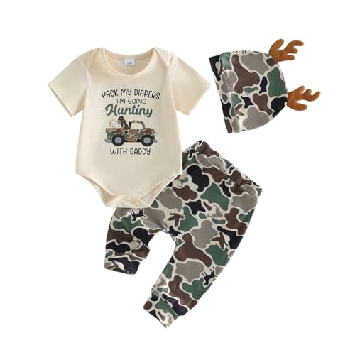 Lamuusaa Newborn Baby Boy Summer Clothes Short Sleeve Hunting Truck Romper Camo Duck Long Pants Hat Outfits Set 0-18M
