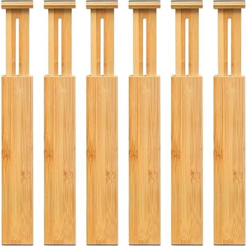 VaeFae 6-Pack Adjustable Bamboo Drawer Dividers, Expandable Drawer Organizer for Kitchen Utensils, Clothes, Bathroom, Office – Fits Drawer Interiors 16.6" to 21.8"