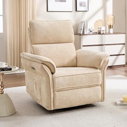 Oversized Power Recliner Chair Swivel Glider with Massage and Heat, Rocker Nursery Recliner for Adults with Adjustable Headrest, 24" Extra Wide Nursery Chair with Overstuffed Armrest,Beige