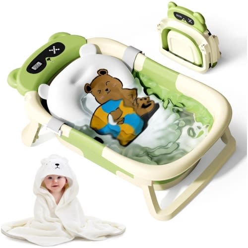 Collapsible Baby Bathtub for Newborn to Toddler (0-18 Month) - Portable Baby Bath Tub for Travel, Newborn Bathtub with Soft Towel and Floating Cushion (Green)