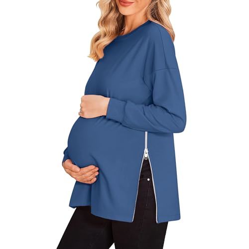 Women's Maternity Shirts Long Sleeve Sweatshirt Zipper Split Side Pregnancy Casual Tunic Top