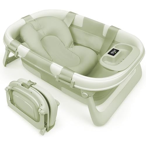 Jool Baby Foldable Baby Bathtub – Portable for Travel – Thermometer (Sage)