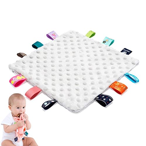Baby Tags Security Blankets - Baby Soothing Plush Blanket with Colorful Tags, 10"x10" Square Sensory Toys, Lovey for 3 Months+ Babies Boys and Girls (Grey)